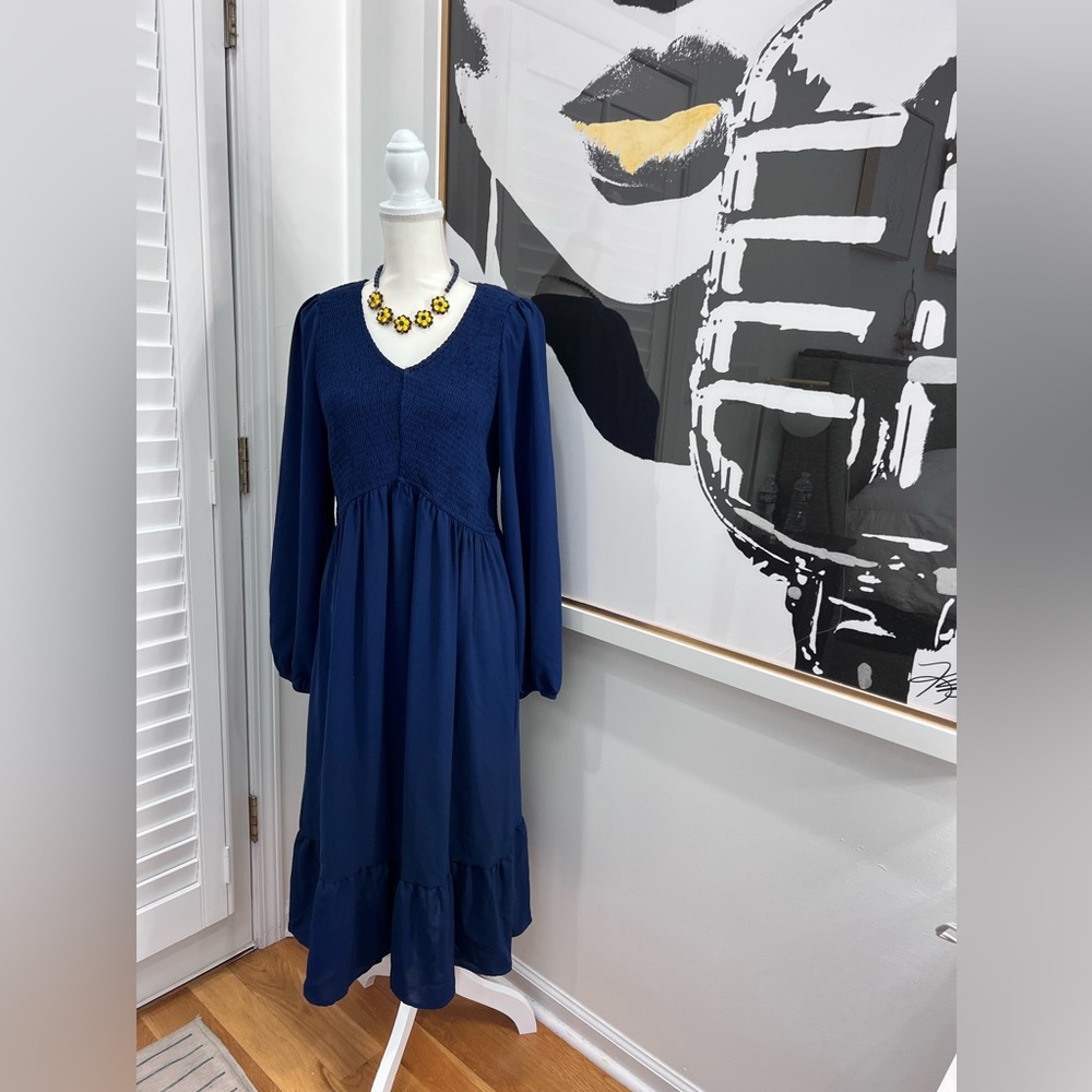Zwurew V Neck Long Sleeve Rouched Bodice Dress in Navy Blue, Size XL - Picture 4 of 10